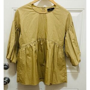 Pomander Place Tuckernuck Womens XS Mustard Tan Puff Sleeve Babydoll Blouse Top